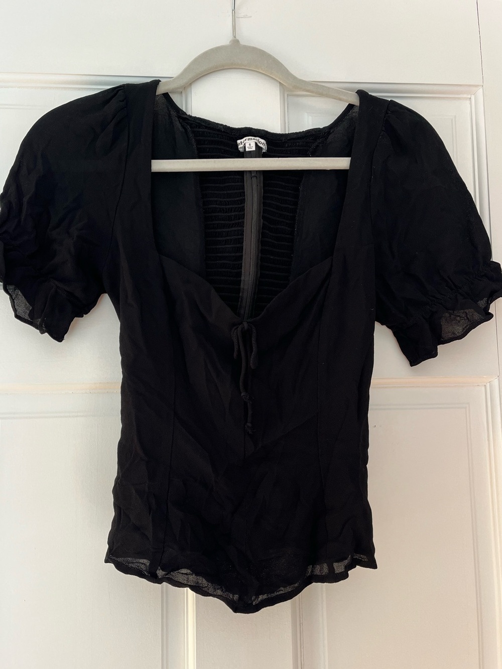 Reformation Black Puff Sleeve Tie-Front Women’s Top